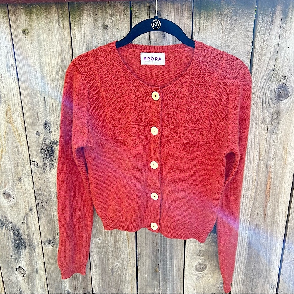 BRORA 100% Scottish Cashmere Pumpkin Guernsey Cardigan US 2/4